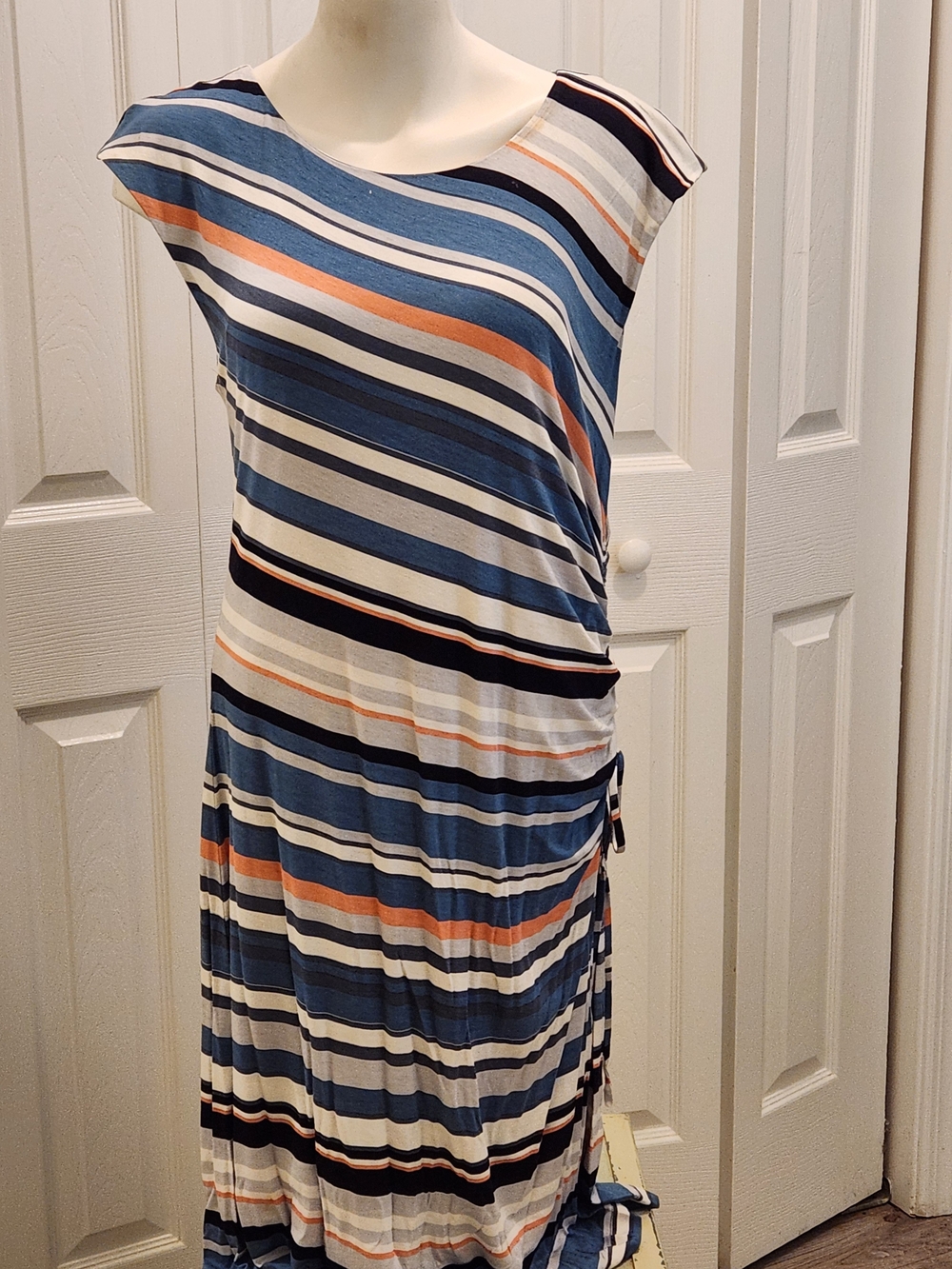 LOFT Striped Blue, White & Orange Midi Dress with Side Tie